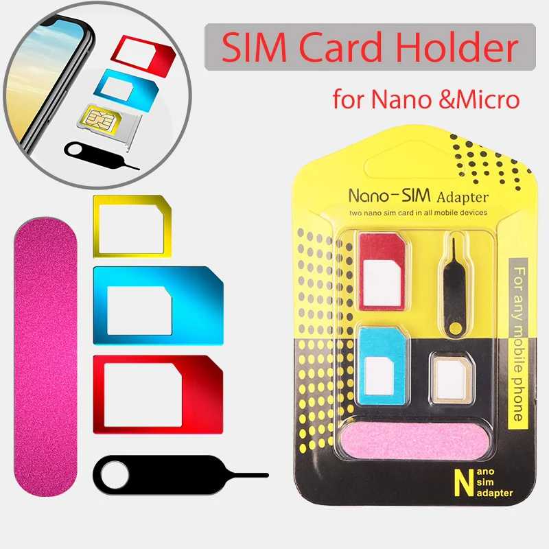 Адаптер Nano Micro Sim 5-в-1, металлический чехол для карты, чехол для карты мобильного телефона, маленький слот для большого карты, восстановитель, стандартная SIM-карта SIM-карты и аксессуары